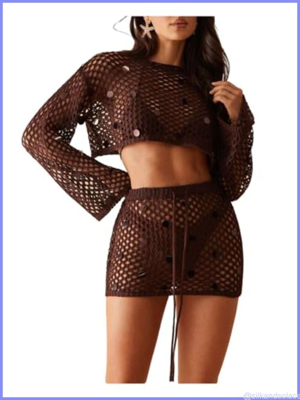 Sequin Crochet Cover Up Long Sleeve Crop Top Beachwear